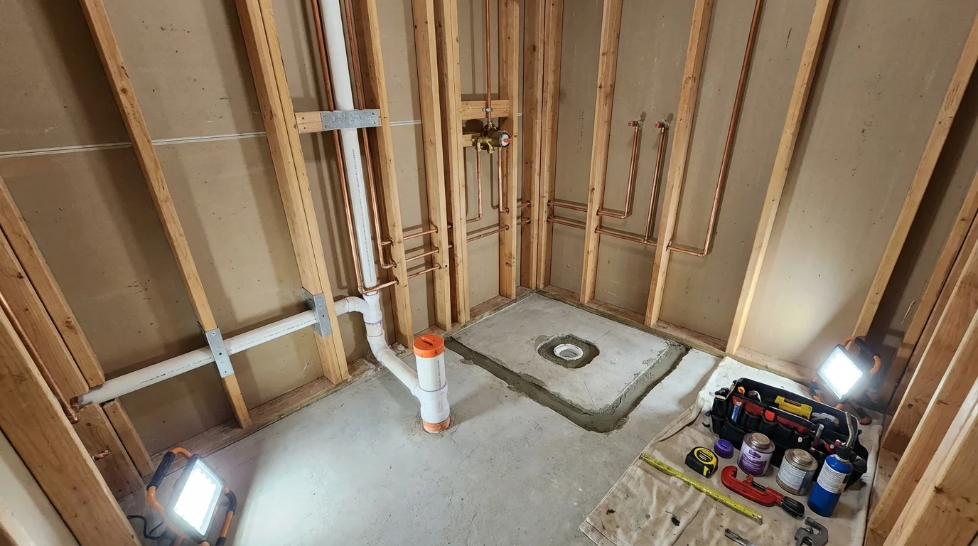 Bathroom rough-in plumbing during remodel by Johns Plumbing LLC in Skokie