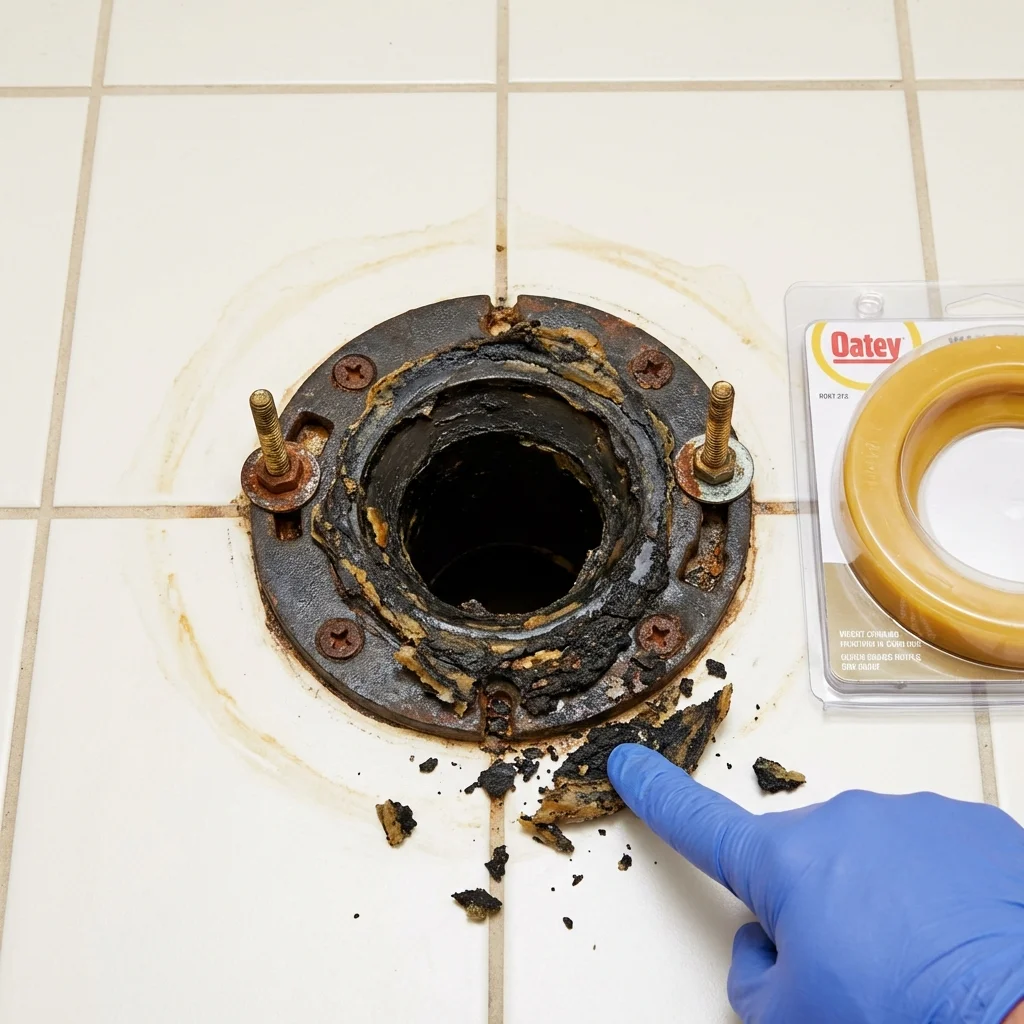 Failed wax ring showing water seepage at the base of a toilet in a Skokie, IL home