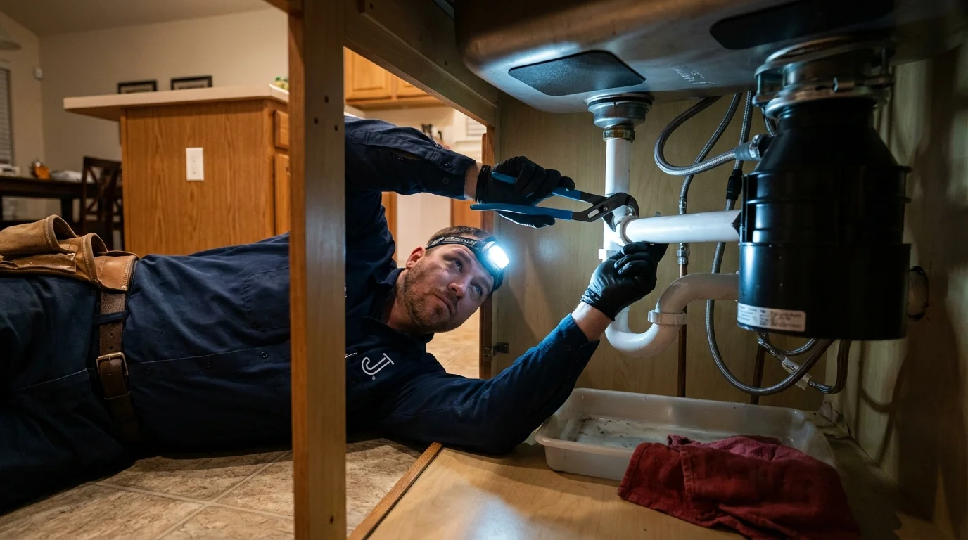 P-trap and supply line connections under a kitchen sink showing a common leak point in Skokie, IL